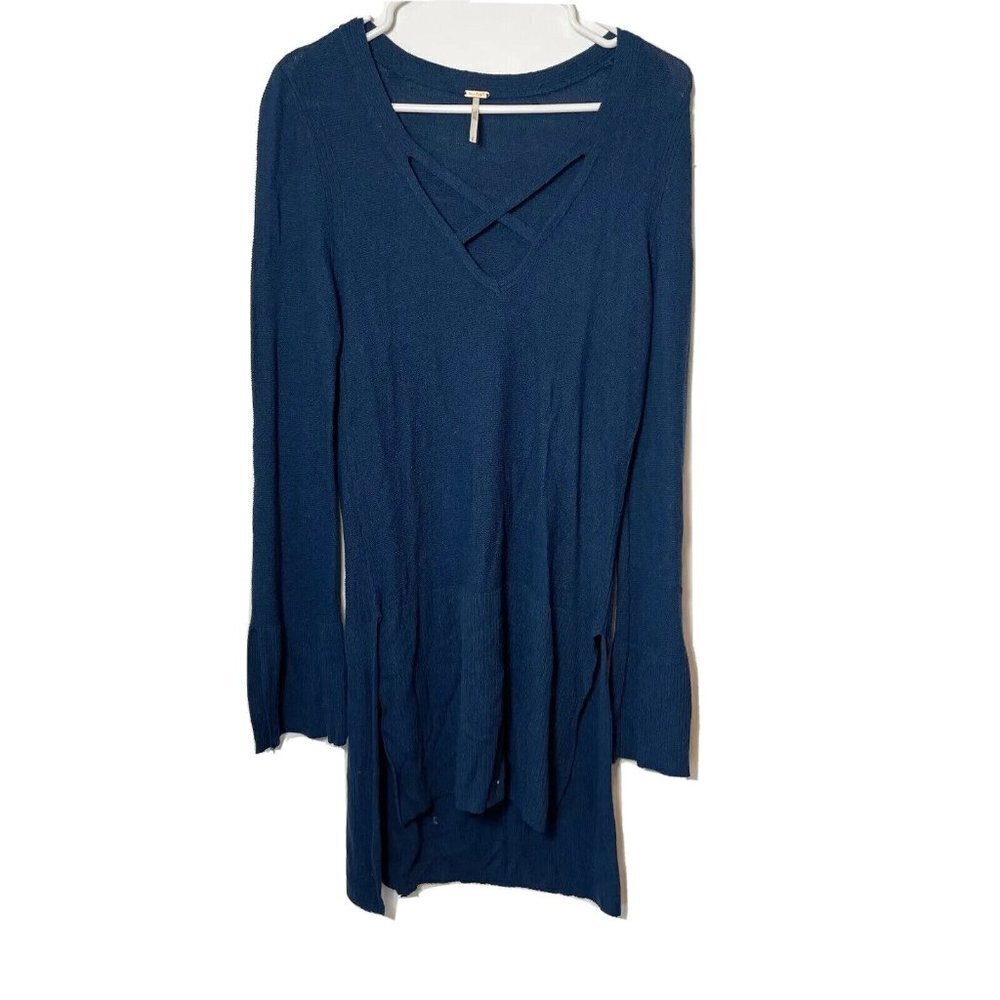 Free People Criss Cross Pullover Tunic Sweater Navy Blue S Long Sleeve Knit Slit